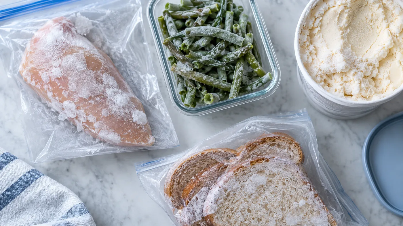 Freezer-burned chicken, vegetables, bread, and ice cream with visible frost
