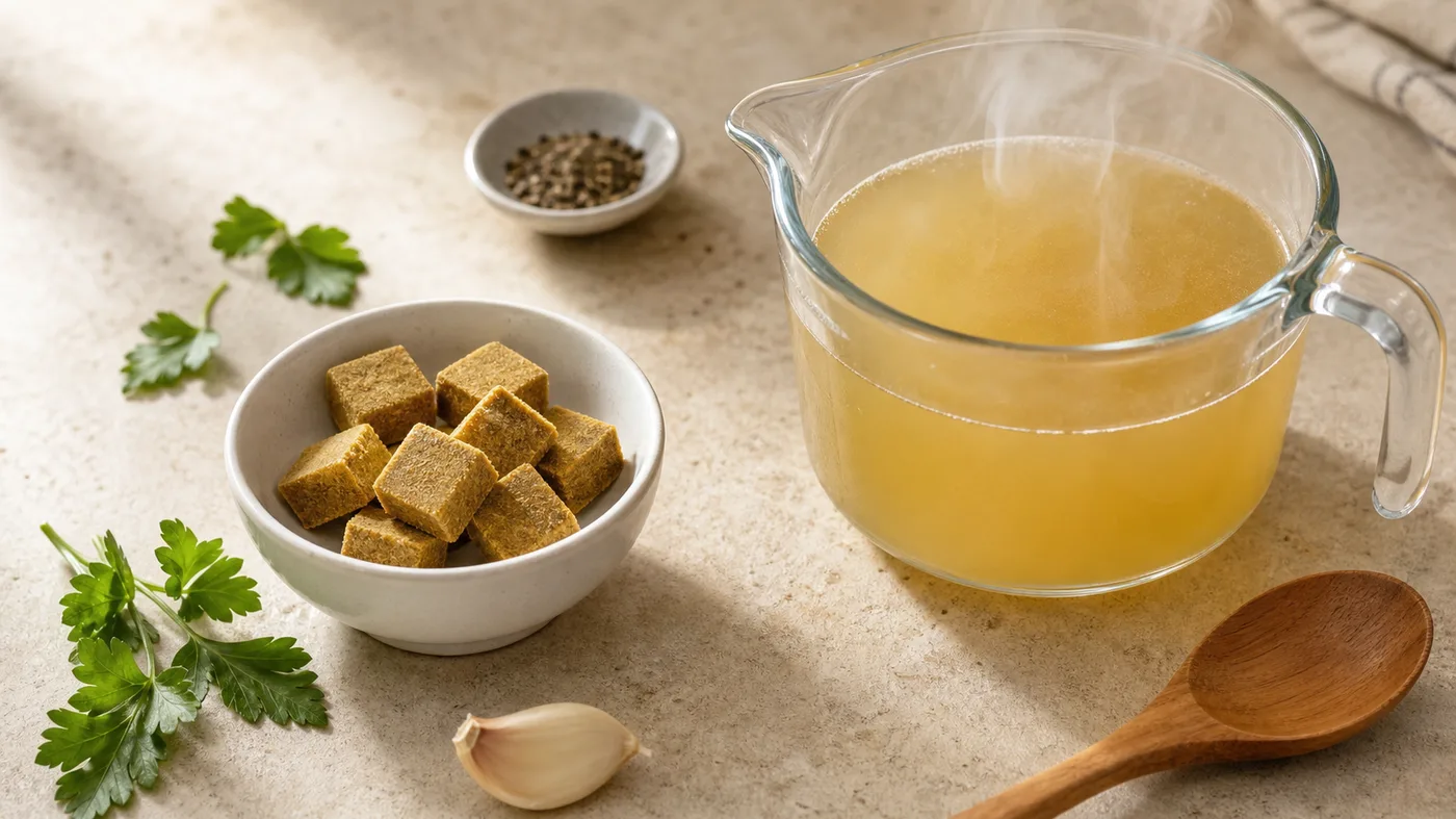 Chicken bouillon cubes beside a measuring jug of prepared broth