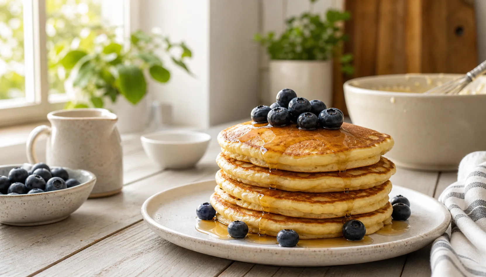 Stack of fluffy dairy-free pancakes topped with blueberries and maple syrup.