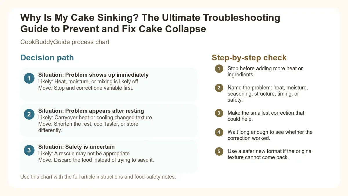 Process chart for Why Is My Cake Sinking? The Ultimate Troubleshooting Guide to Prevent and Fix Cake Collapse