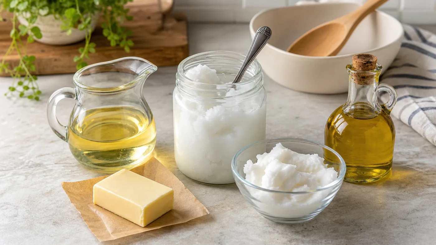 Coconut oil with butter, shortening, olive oil, and neutral cooking oil substitutes