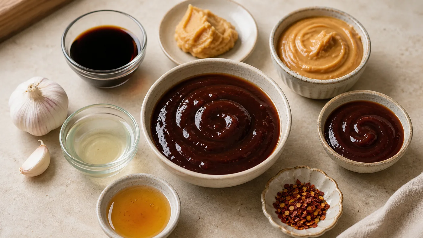 Hoisin-style sauce with soy sauce, miso, peanut butter, honey, vinegar, garlic, and chili substitutes