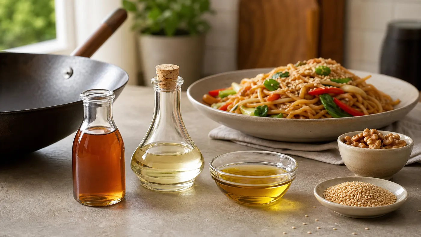 Toasted sesame oil with neutral oil, walnut oil, toasted sesame seeds, and stir-fry noodles