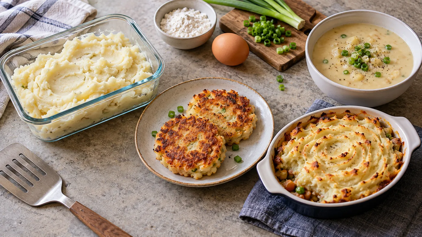 Leftover mashed potatoes with potato cakes, casserole, and soup